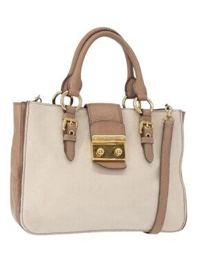 Miu Miu Madras Hand Bag Leather 2way Beige Gold Auth 157273